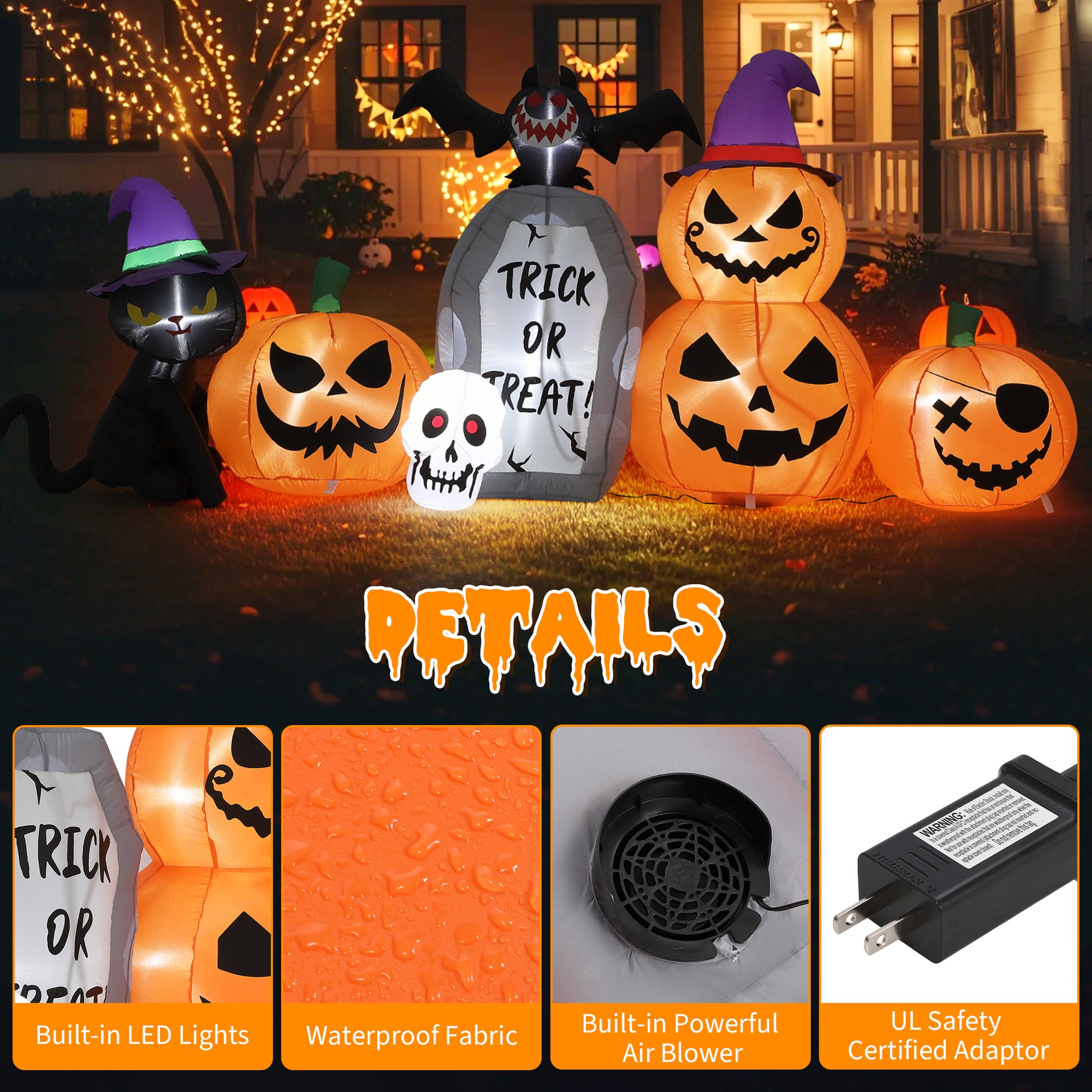 Garvee Inflatables Outdoor Decorations Scary Pumpkin with Witch Cat, Bat & Tombstone, Blow Up Inflatable with Built-in LEDs for Outdoor Yard Garden Lawn Indoor Halloween Party Decor