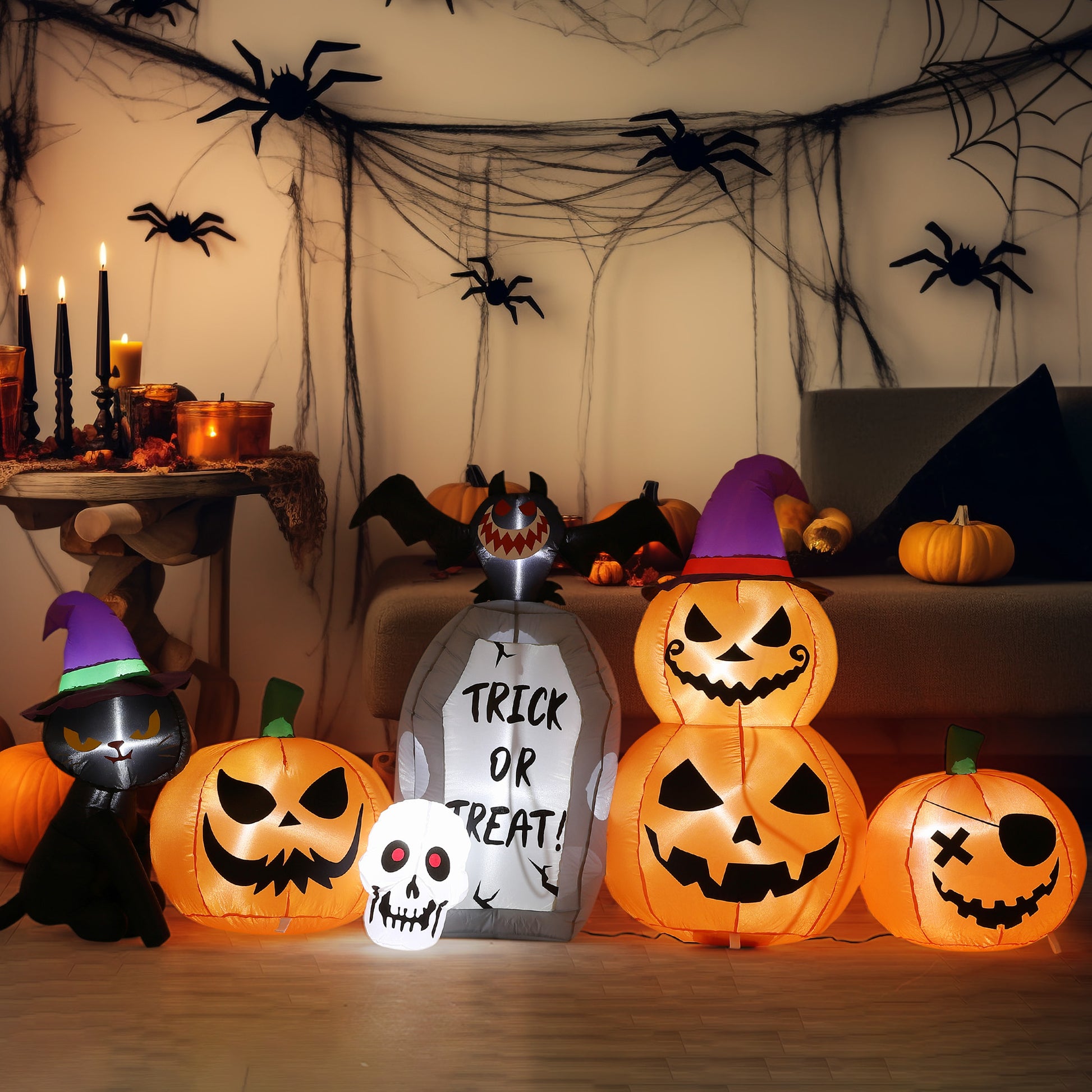 Garvee Inflatables Outdoor Decorations Scary Pumpkin with Witch Cat, Bat & Tombstone, Blow Up Inflatable with Built-in LEDs for Outdoor Yard Garden Lawn Indoor Halloween Party Decor