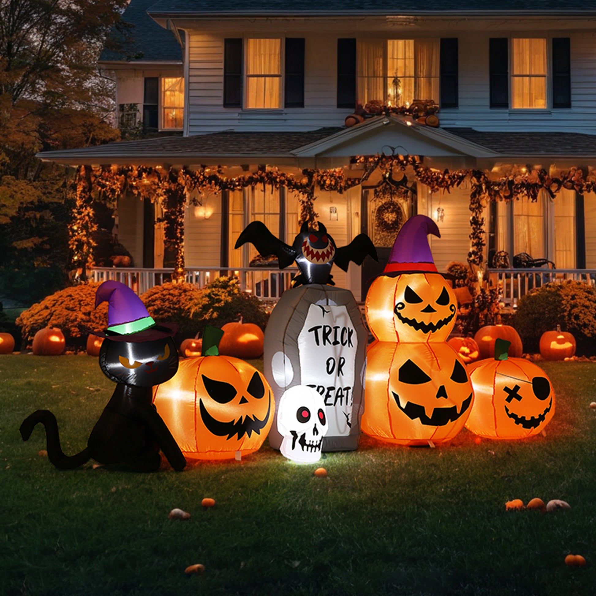 Garvee Inflatables Outdoor Decorations Scary Pumpkin with Witch Cat, Bat & Tombstone, Blow Up Inflatable with Built-in LEDs for Outdoor Yard Garden Lawn Indoor Halloween Party Decor
