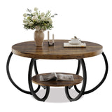 Garvee 30" Round Industrial Coffee Table with 2 Tiers – Adjustable Feet, Wooden Grain Design and Storage Shelf for Living Room, Easy Assembly - Brown