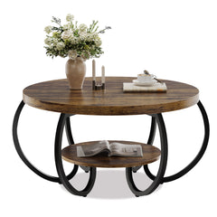 Garvee 30" Round Industrial Coffee Table with 2 Tiers – Adjustable Feet, Wooden Grain Design and Storage Shelf for Living Room, Easy Assembly - Brown