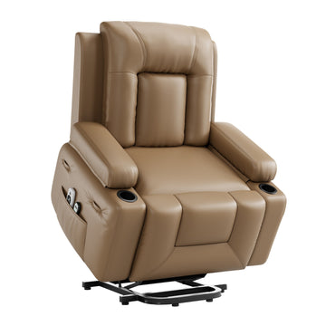 Garvee Leather Power Lift Recliner Chair with Heat & Massage, 8-Point Vibration, Remote Control & Cup Holders, Electric Lift Chair Designed for Mobility Aid Elderly Relaxation, Tan