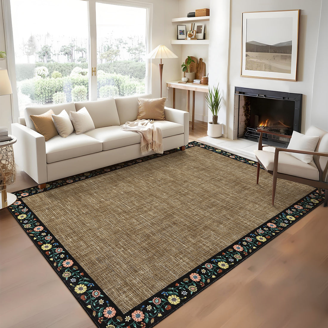 Garvee Bordered Brown 4x6 Floral Bordered Area Rug Machine Washable Non-Slip Stain Resistant 100% Polyester Lightweight Foldable Living Room Bedroom