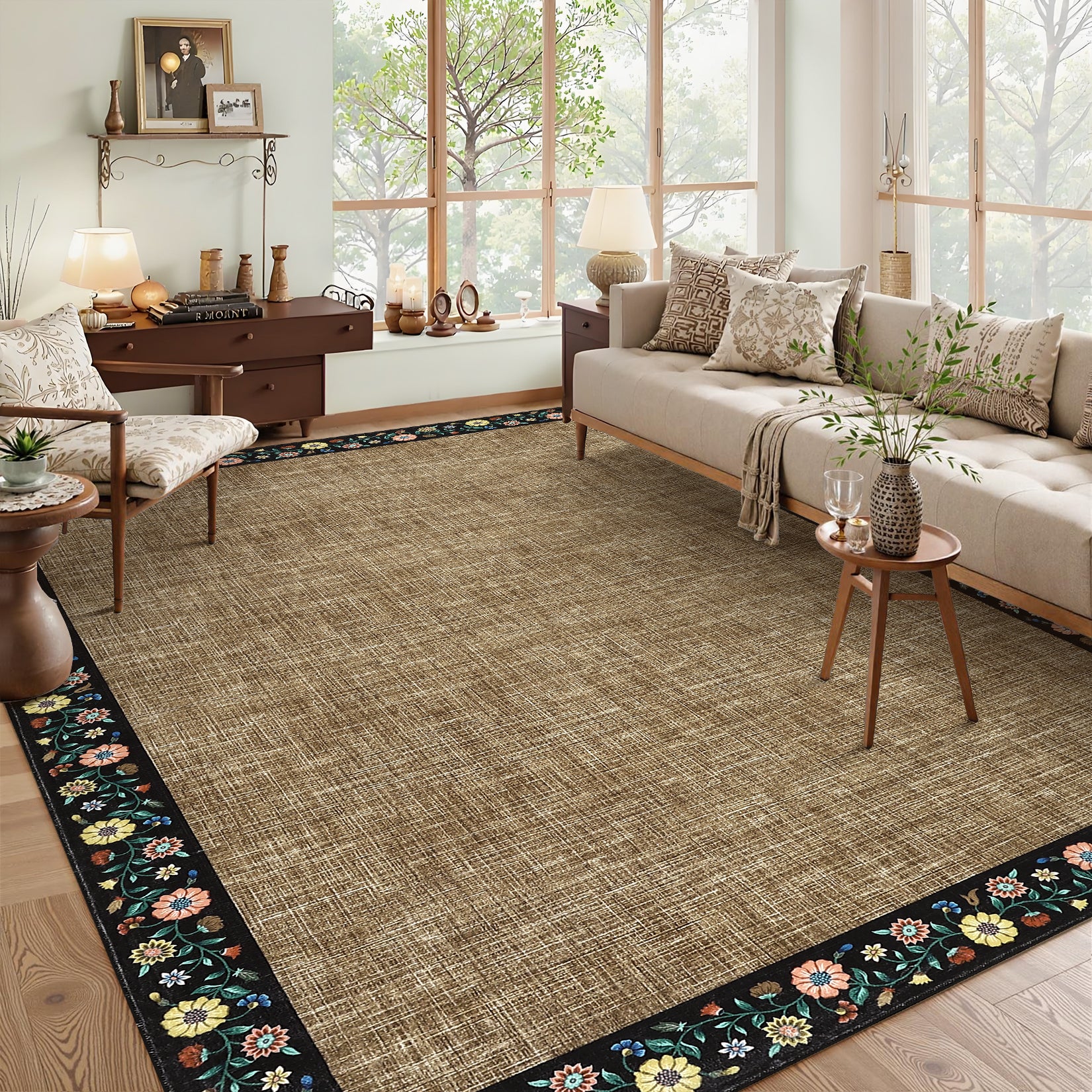 Garvee Bordered Brown 4x6 Floral Bordered Area Rug Machine Washable Non-Slip Stain Resistant 100% Polyester Lightweight Foldable Living Room Bedroom