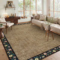 Garvee Bordered Brown 4x6 Floral Bordered Area Rug Machine Washable Non-Slip Stain Resistant 100% Polyester Lightweight Foldable Living Room Bedroom