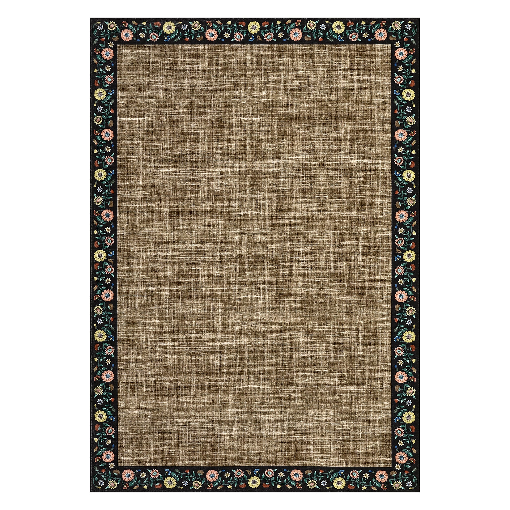 Garvee Bordered Brown 4x6 Floral Bordered Area Rug Machine Washable Non-Slip Stain Resistant 100% Polyester Lightweight Foldable Living Room Bedroom