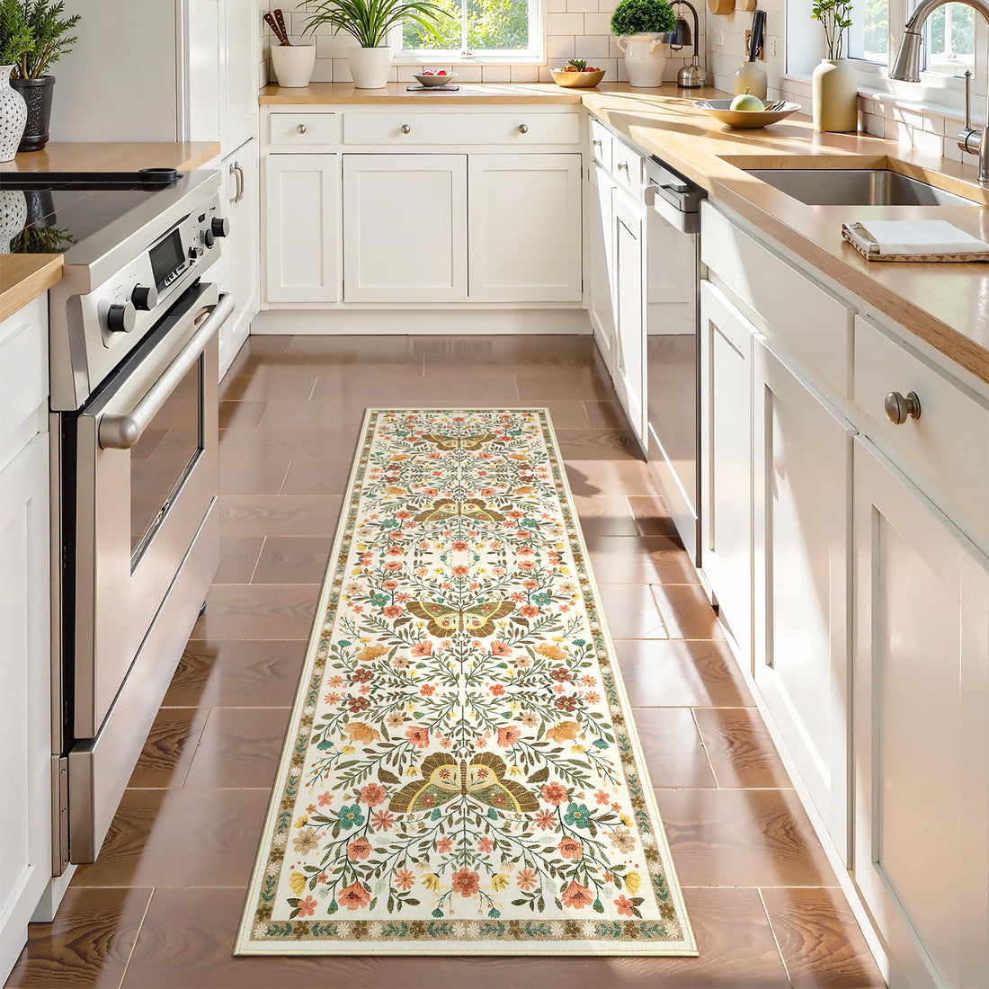 Garvee Butterfly Floral Runner Rug for Hallway 2x6 Farmhouse Carpet Runner, Stain-Resistant Thin Bedside Rug, Vintage Print Indoor Floor Carpet for Kitchen, Laundry Room, Bedroom, Beige