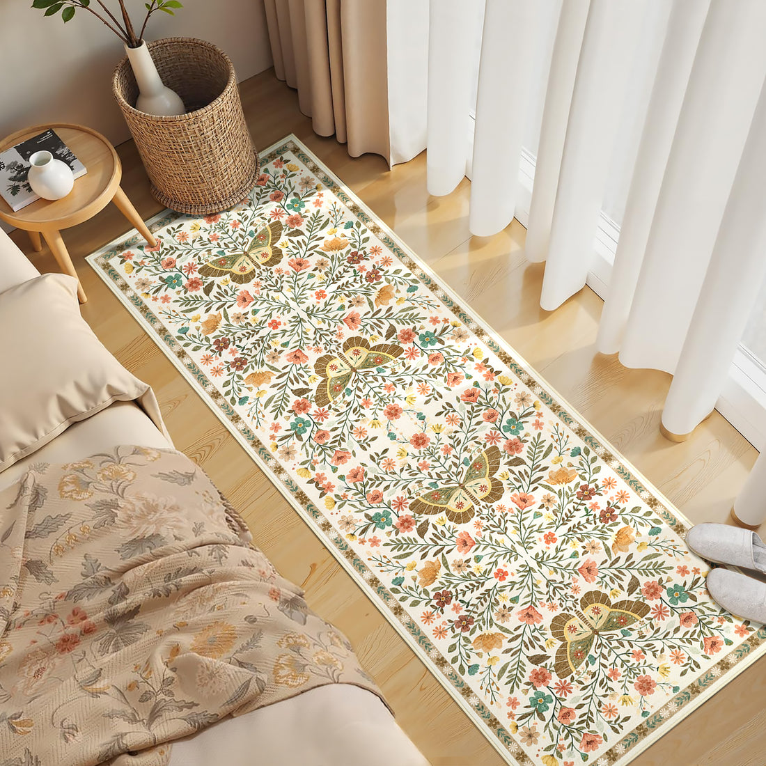 Garvee Butterfly Floral Runner Rug for Hallway 2x6 Farmhouse Carpet Runner, Stain-Resistant Thin Bedside Rug, Vintage Print Indoor Floor Carpet for Kitchen, Laundry Room, Bedroom, Beige