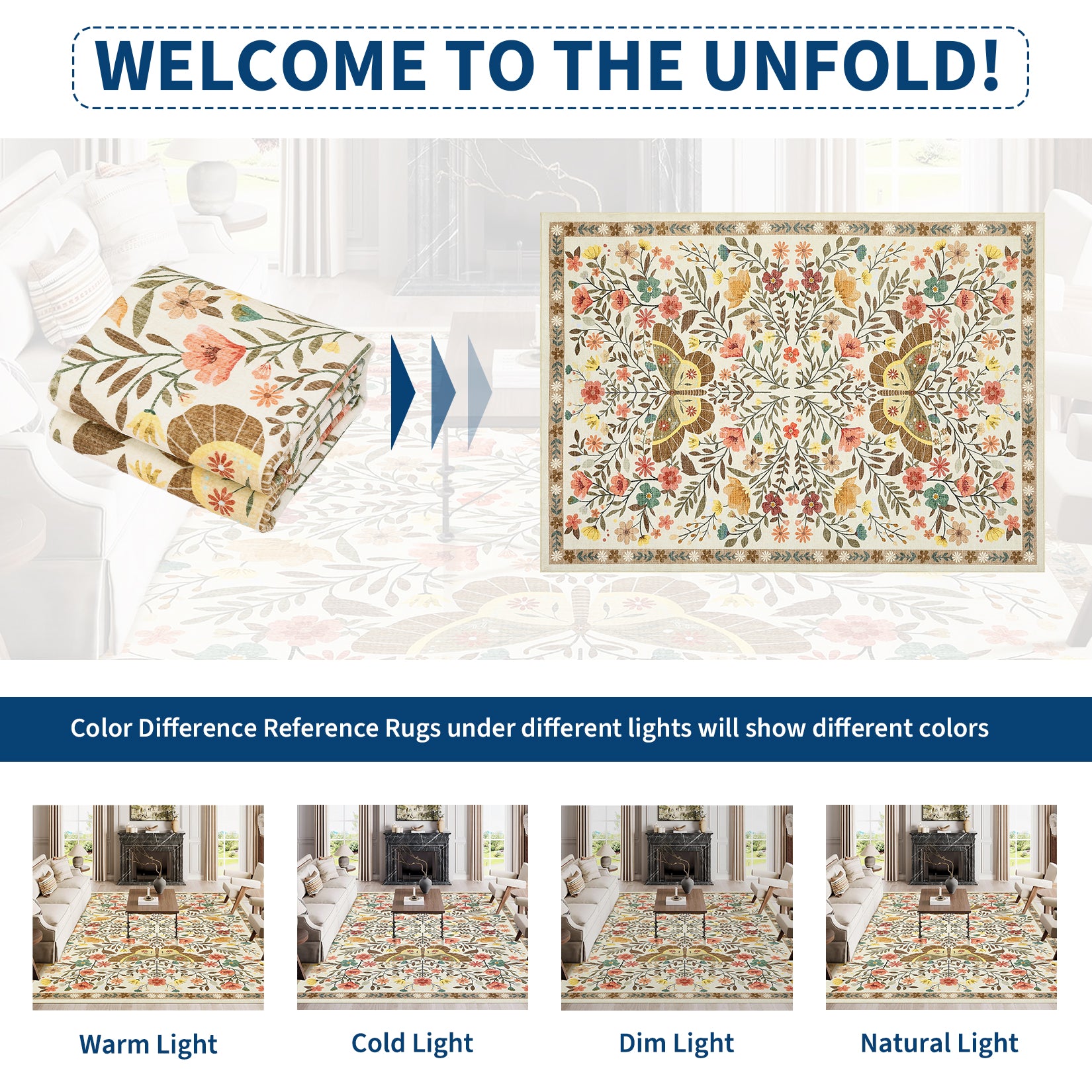 Garvee Large Rug for Bedroom 8x10 Farmhouse Floral Butterfly Living Room Carpet, Non-Slip Foldable Indoor Floor Mats, Machine Washable Low Pile Accent Rug for Dining Room, Kitchen, Office, Beige