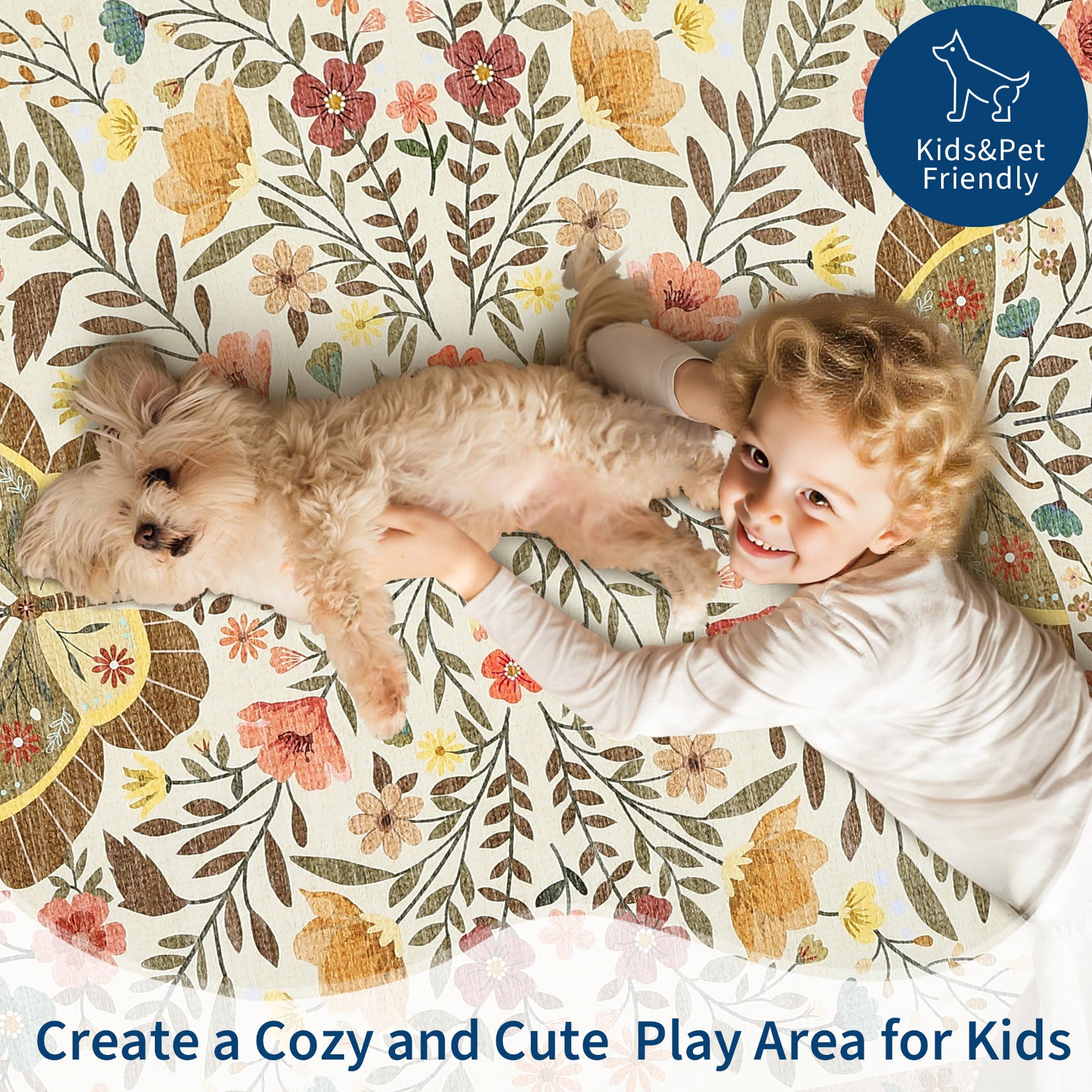 Garvee Large Rug for Bedroom 8x10 Farmhouse Floral Butterfly Living Room Carpet, Non-Slip Foldable Indoor Floor Mats, Machine Washable Low Pile Accent Rug for Dining Room, Kitchen, Office, Beige