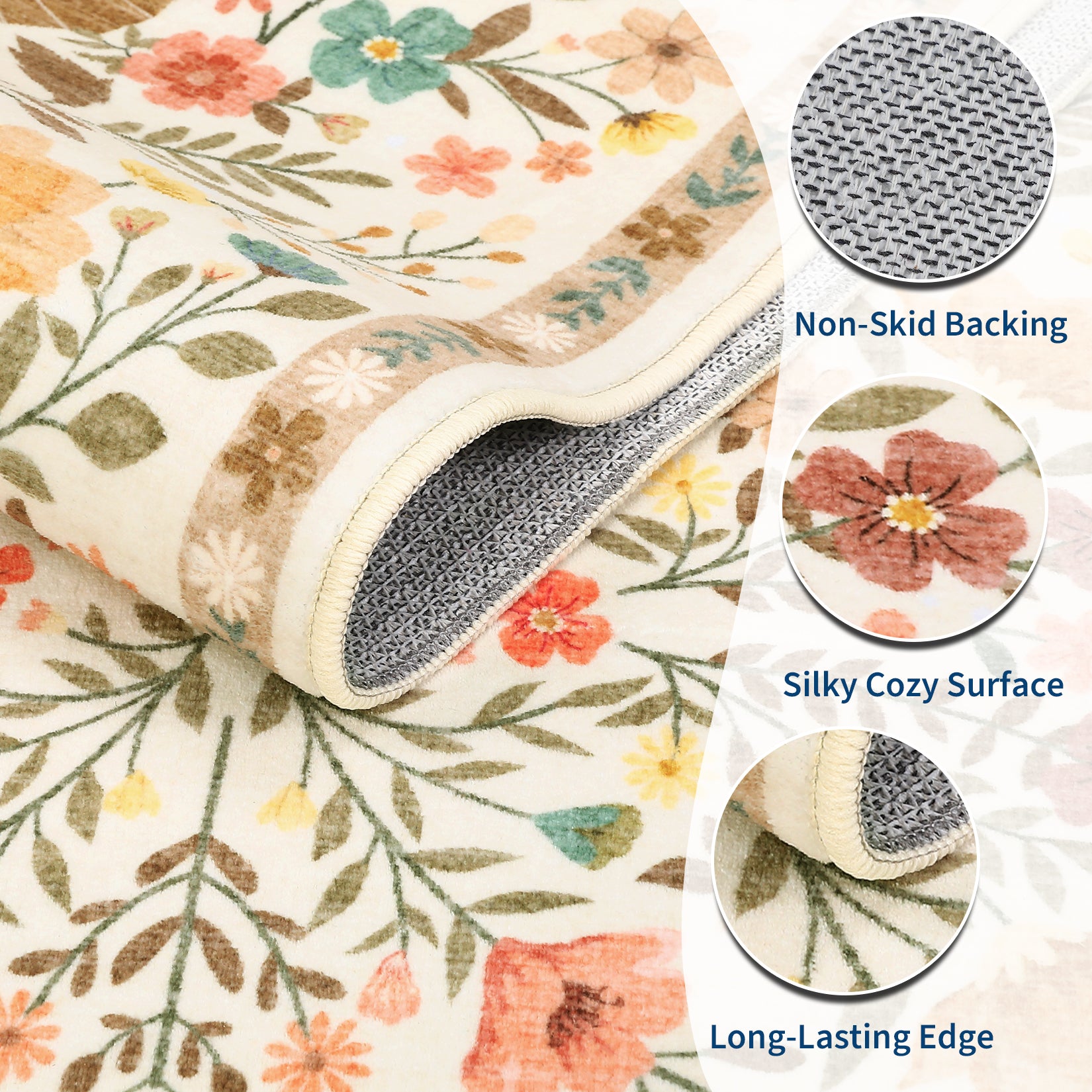 Garvee Large Rug for Bedroom 8x10 Farmhouse Floral Butterfly Living Room Carpet, Non-Slip Foldable Indoor Floor Mats, Machine Washable Low Pile Accent Rug for Dining Room, Kitchen, Office, Beige