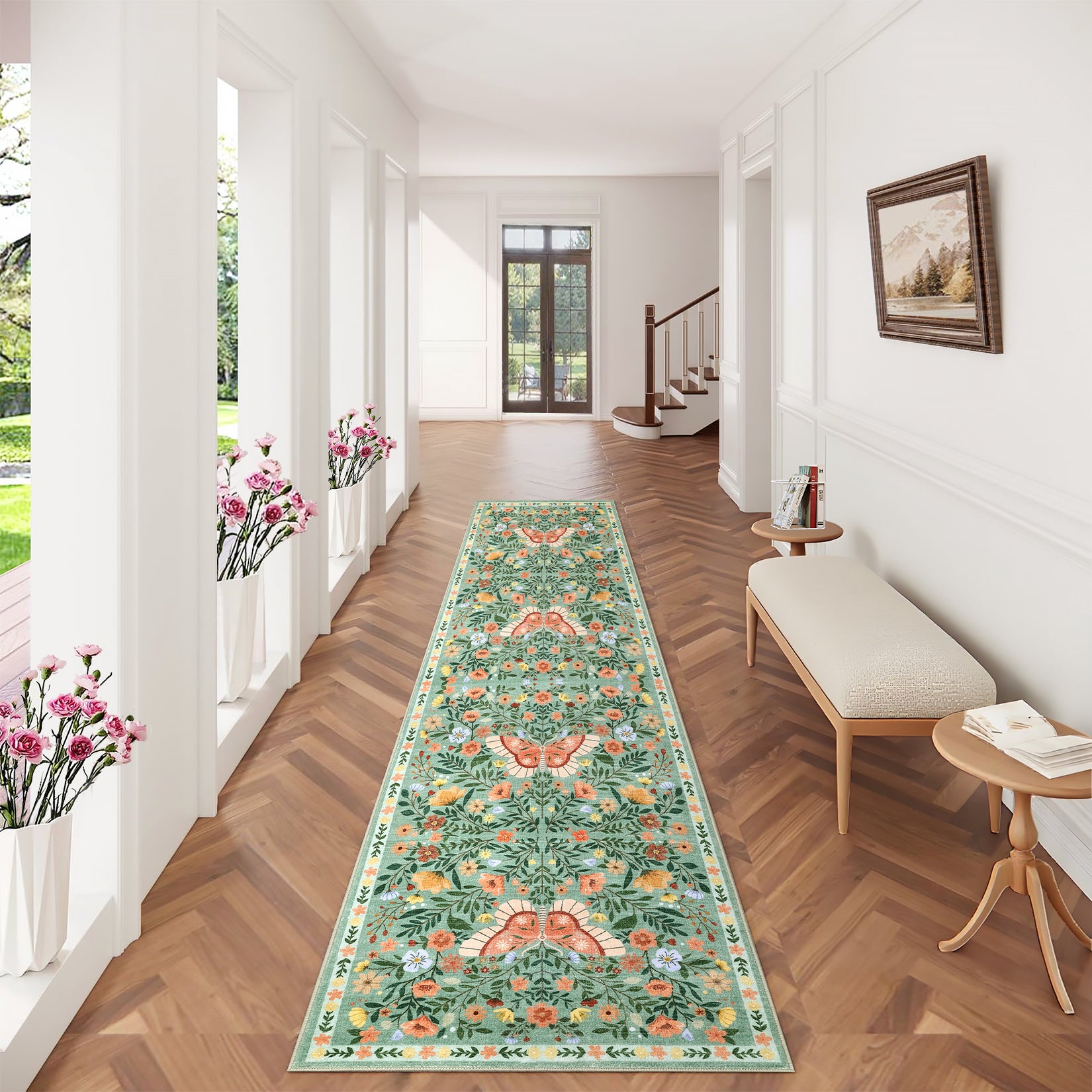 Garvee Washable Farmhouse Rug Non-Slip Floral Butterfly Bedroom Carpet, Stain-Resistant Ultra-Soft Low Pile Floor Rug, Easy Cleaning Foldable Indoor Mat for Living Room, Kitchen, Office