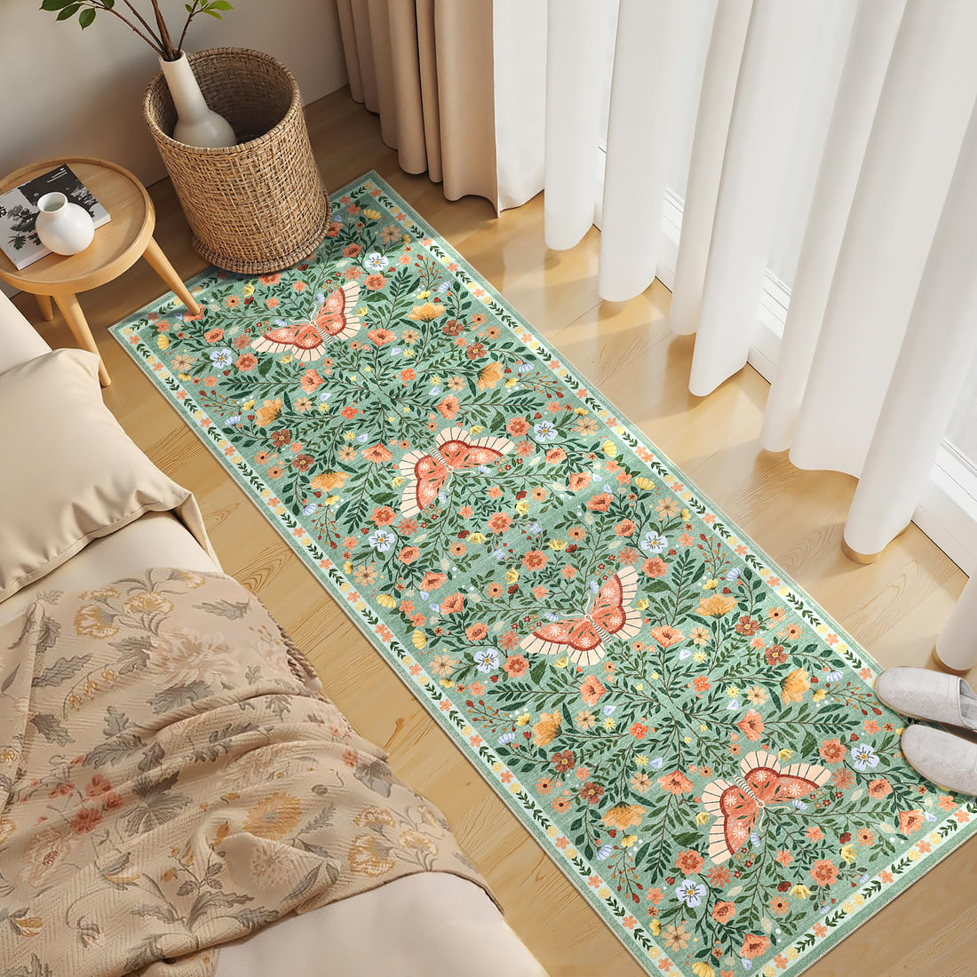 Garvee Washable Farmhouse Rug Non-Slip Floral Butterfly Bedroom Carpet, Stain-Resistant Ultra-Soft Low Pile Floor Rug, Easy Cleaning Foldable Indoor Mat for Living Room, Kitchen, Office