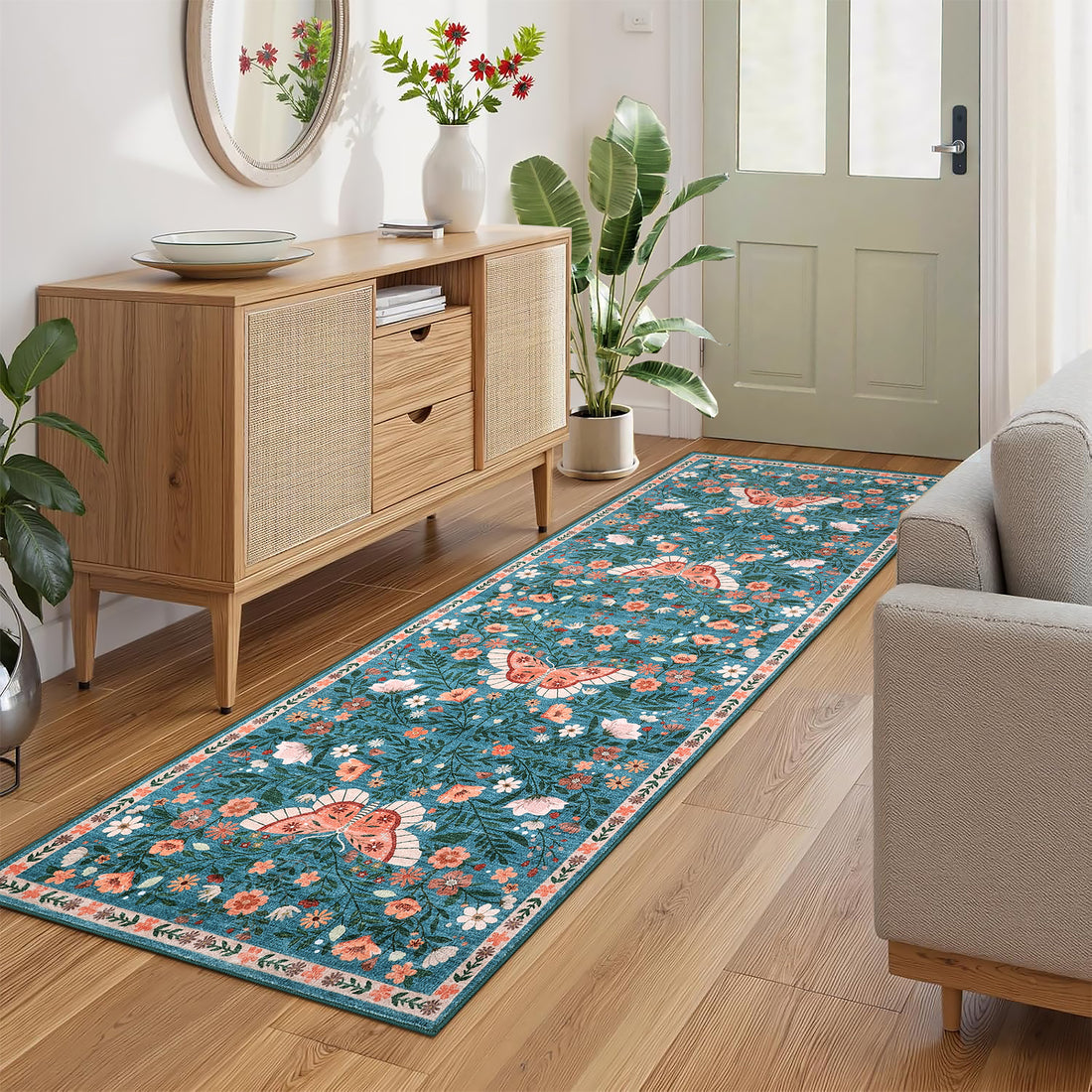Garvee Butterfly Floral Runner Rug for Hallway 2x6 Farmhouse Carpet Runner, Stain-Resistant Thin Bedside Rug, Vintage Print Indoor Floor Carpet for Kitchen, Laundry Room, Bedroom, Blue