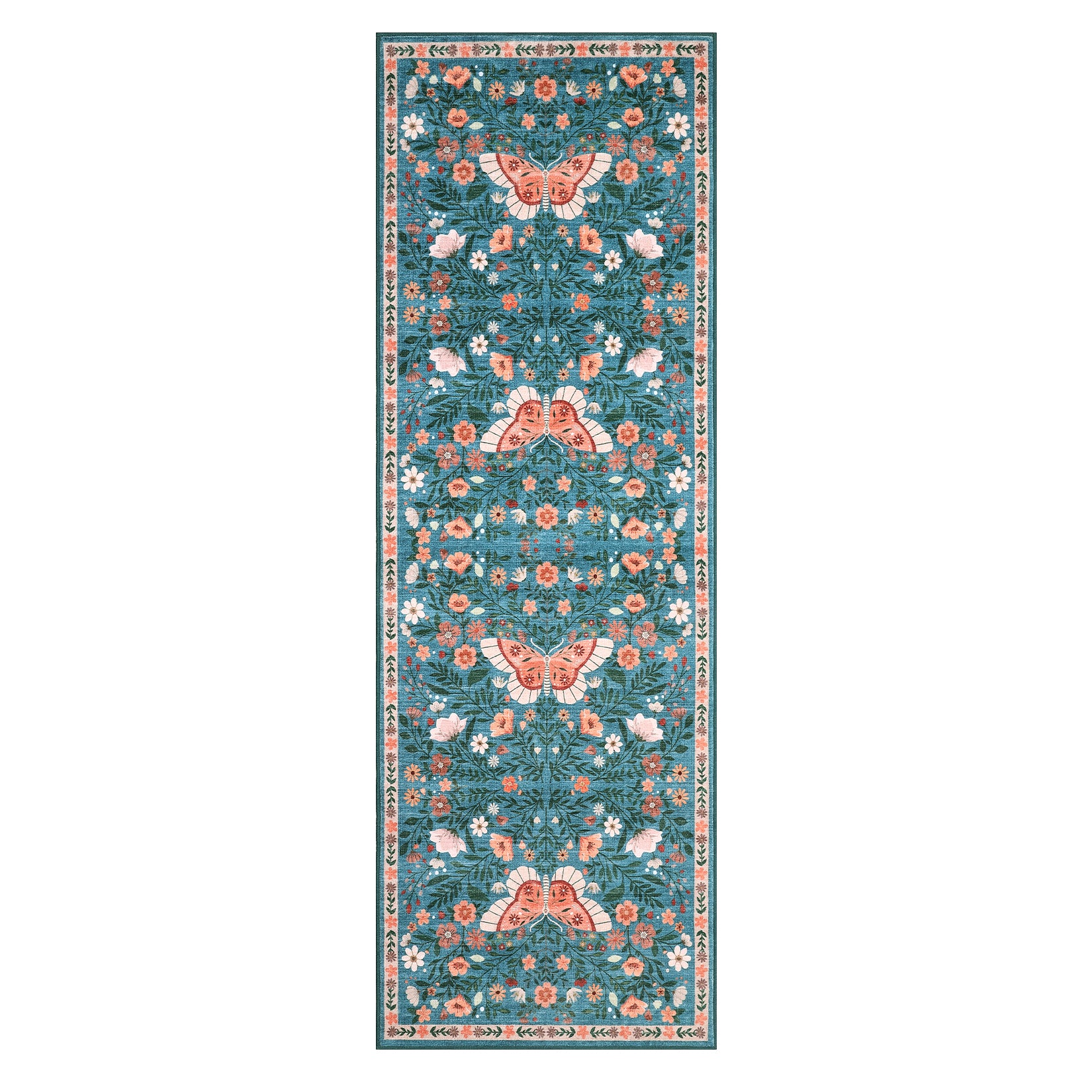Garvee Butterfly Floral Runner Rug for Hallway 2x6 Farmhouse Carpet Runner, Stain-Resistant Thin Bedside Rug, Vintage Print Indoor Floor Carpet for Kitchen, Laundry Room, Bedroom, Blue