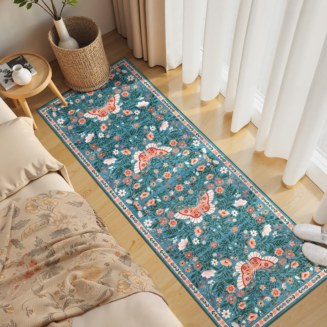 Garvee Butterfly Floral Runner Rug for Hallway 2x6 Farmhouse Carpet Runner, Stain-Resistant Thin Bedside Rug, Vintage Print Indoor Floor Carpet for Kitchen, Laundry Room, Bedroom, Blue