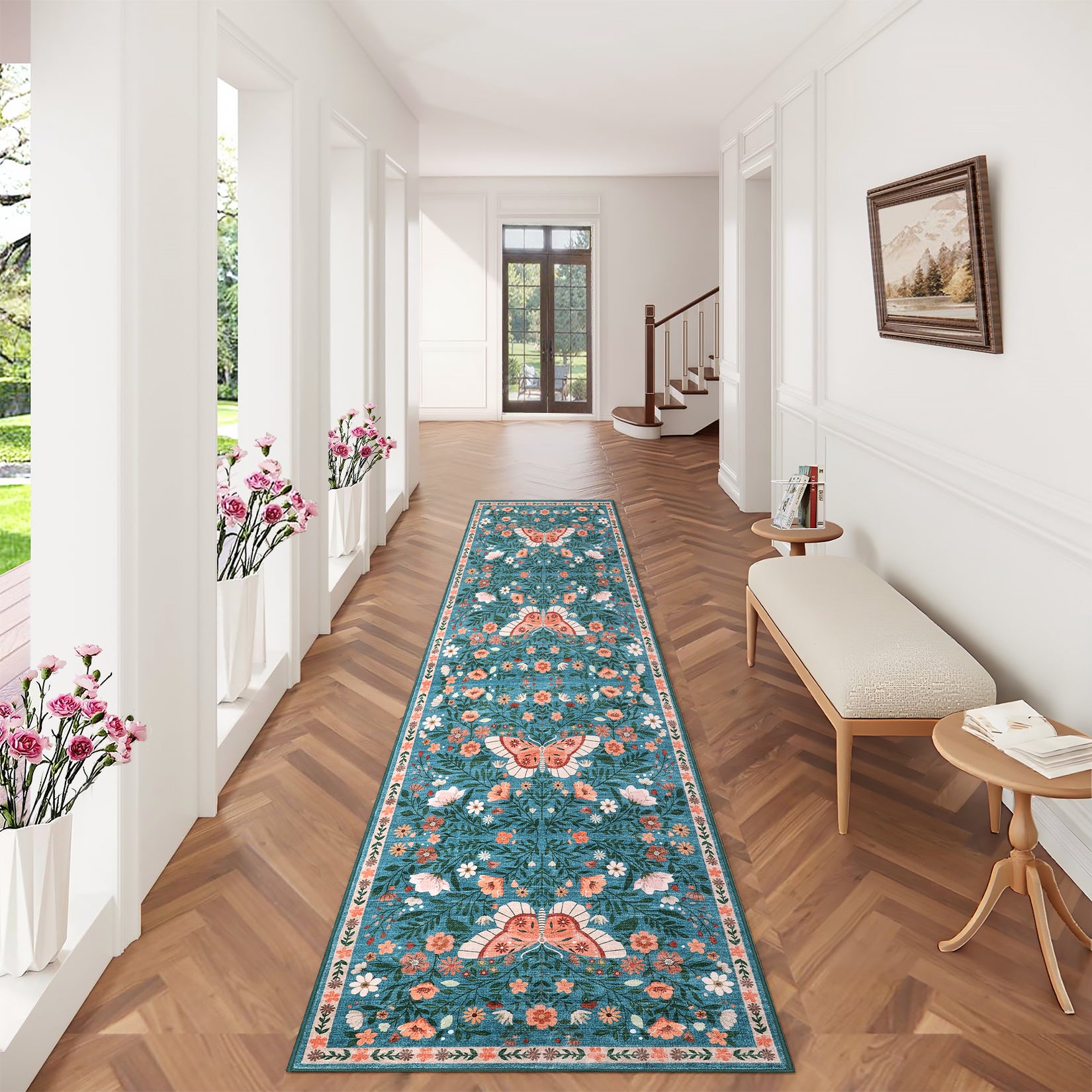 Garvee Butterfly Floral Runner Rug for Hallway 2x6 Farmhouse Carpet Runner, Stain-Resistant Thin Bedside Rug, Vintage Print Indoor Floor Carpet for Kitchen, Laundry Room, Bedroom, Blue