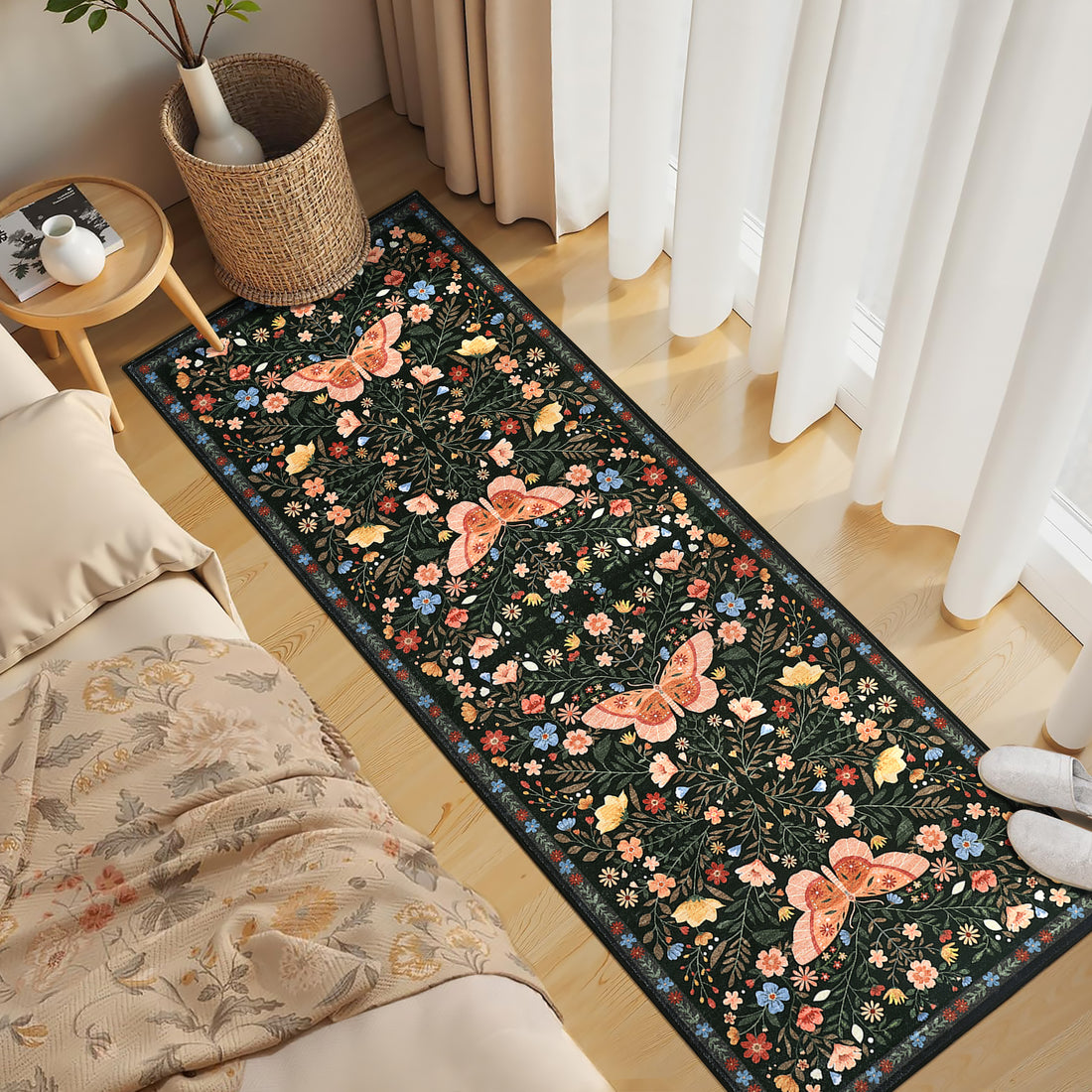 Garvee Butterfly Floral Runner Rug for Hallway 2x6 Farmhouse Carpet Runner, Stain-Resistant Thin Bedside Rug, Vintage Print Indoor Floor Carpet for Kitchen, Laundry Room, Bedroom, Black