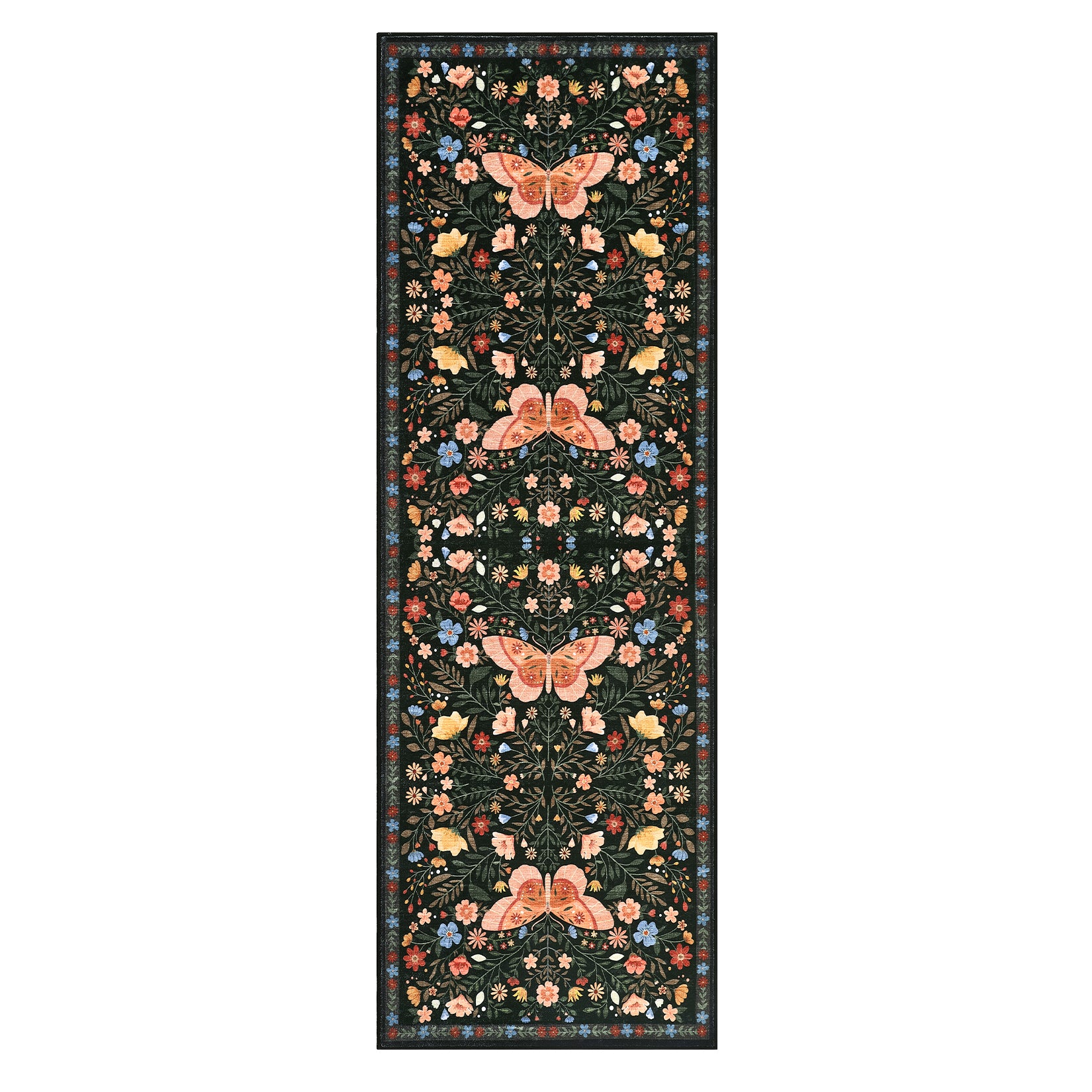 Garvee Butterfly Floral Runner Rug for Hallway 2x6 Farmhouse Carpet Runner, Stain-Resistant Thin Bedside Rug, Vintage Print Indoor Floor Carpet for Kitchen, Laundry Room, Bedroom, Black