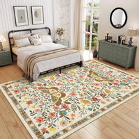 Garvee Washable Farmhouse Rug 5x7 Non-Slip Floral Butterfly Bedroom Carpet, Stain-Resistant Ultra-Soft Low Pile Floor Rug, Easy Cleaning Foldable Indoor Mat for Living Room, Kitchen, Office, Beige