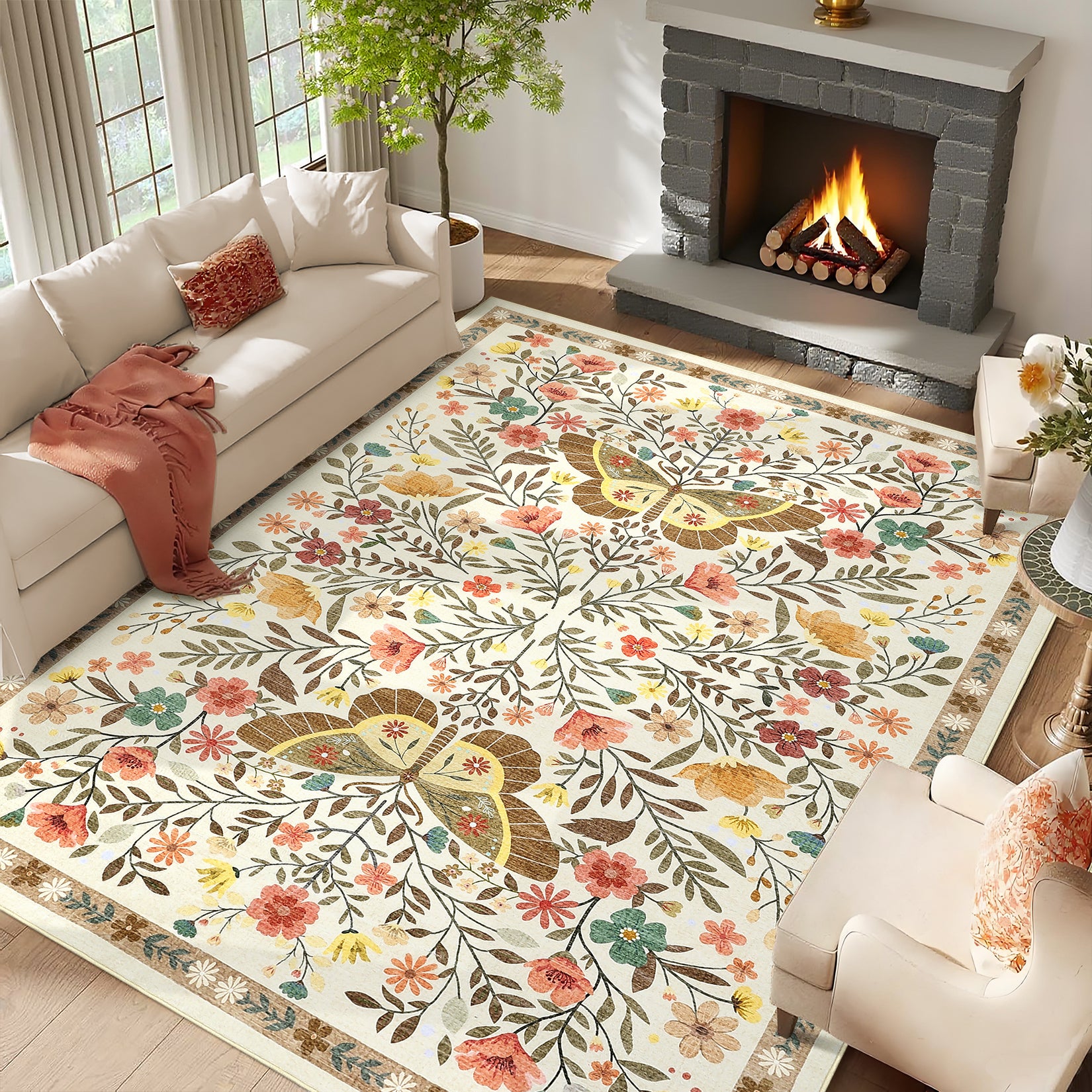 Garvee Washable Farmhouse Rug 5x7 Non-Slip Floral Butterfly Bedroom Carpet, Stain-Resistant Ultra-Soft Low Pile Floor Rug, Easy Cleaning Foldable Indoor Mat for Living Room, Kitchen, Office, Beige