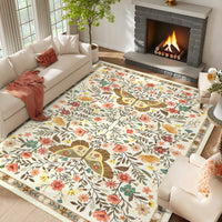 Garvee Washable Farmhouse Rug 5x7 Non-Slip Floral Butterfly Bedroom Carpet, Stain-Resistant Ultra-Soft Low Pile Floor Rug, Easy Cleaning Foldable Indoor Mat for Living Room, Kitchen, Office, Beige