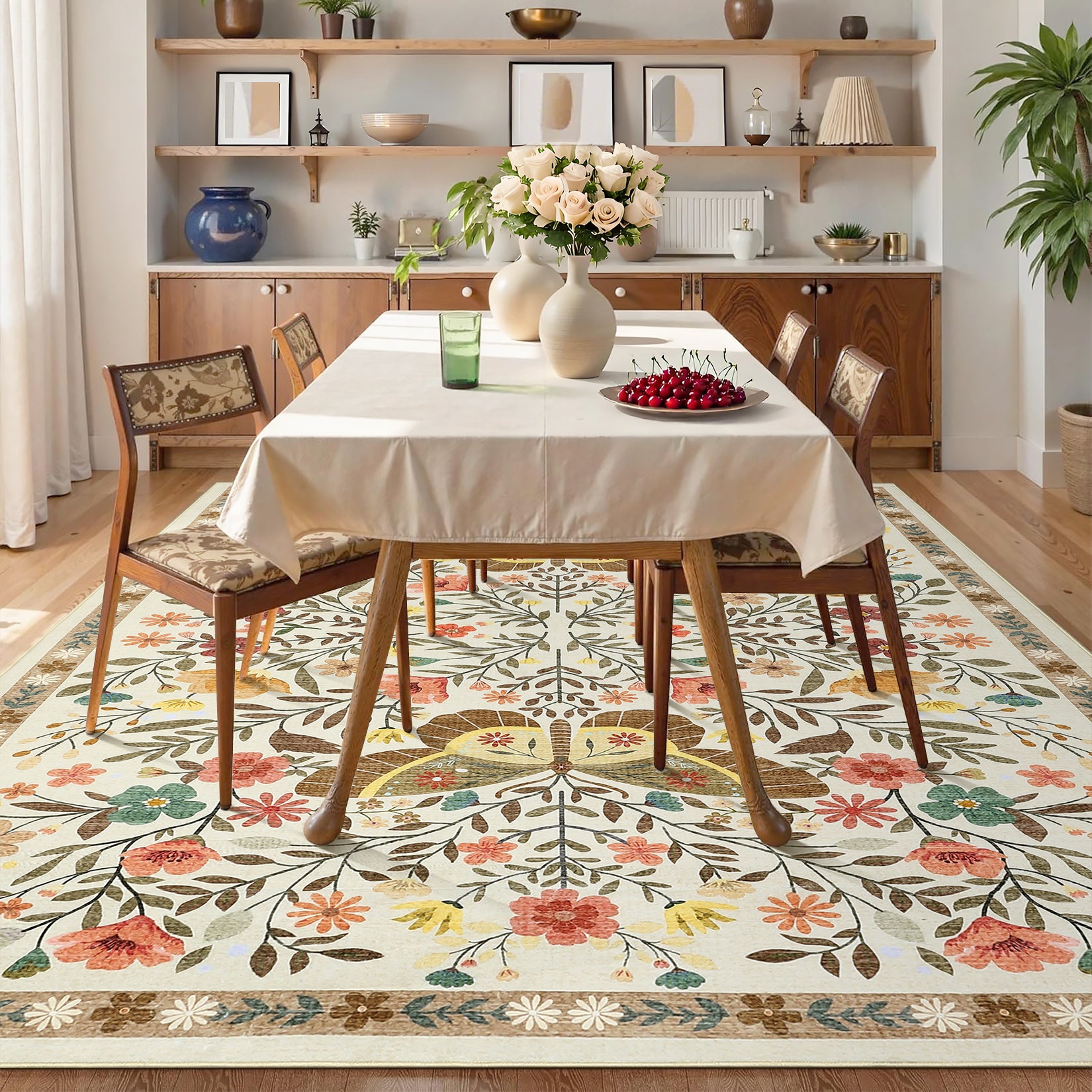 Garvee Washable Farmhouse Rug 5x7 Non-Slip Floral Butterfly Bedroom Carpet, Stain-Resistant Ultra-Soft Low Pile Floor Rug, Easy Cleaning Foldable Indoor Mat for Living Room, Kitchen, Office, Beige