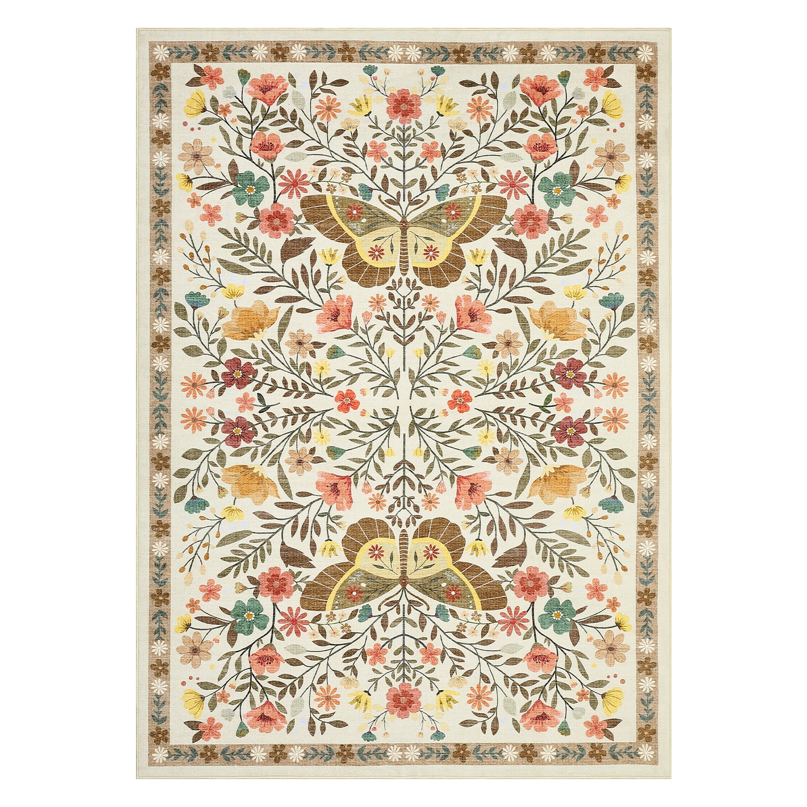 Garvee Washable Farmhouse Rug 5x7 Non-Slip Floral Butterfly Bedroom Carpet, Stain-Resistant Ultra-Soft Low Pile Floor Rug, Easy Cleaning Foldable Indoor Mat for Living Room, Kitchen, Office, Beige