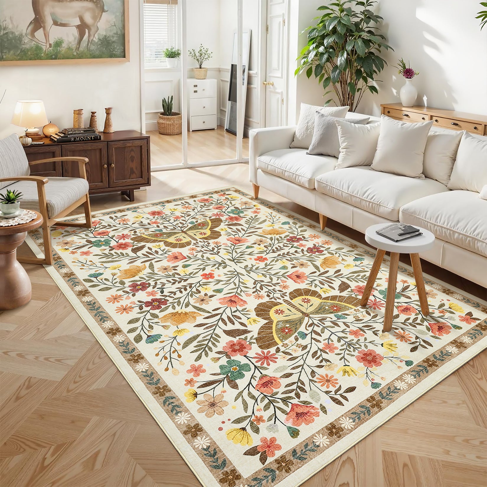 Garvee Farmhouse Area Rug for Living Room 4x6 Vintage Throw Carpet with Non-Slip Backing, Non-Shedding Butterfly Floral Indoor Rug, Machine Washable Floor Mats for Bedroom, Kitchen, Beige