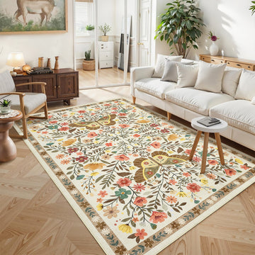 Garvee Farmhouse Area Rug for Living Room 4x6 Vintage Throw Carpet with Non-Slip Backing, Non-Shedding Butterfly Floral Indoor Rug, Machine Washable Floor Mats for Bedroom, Kitchen, Beige