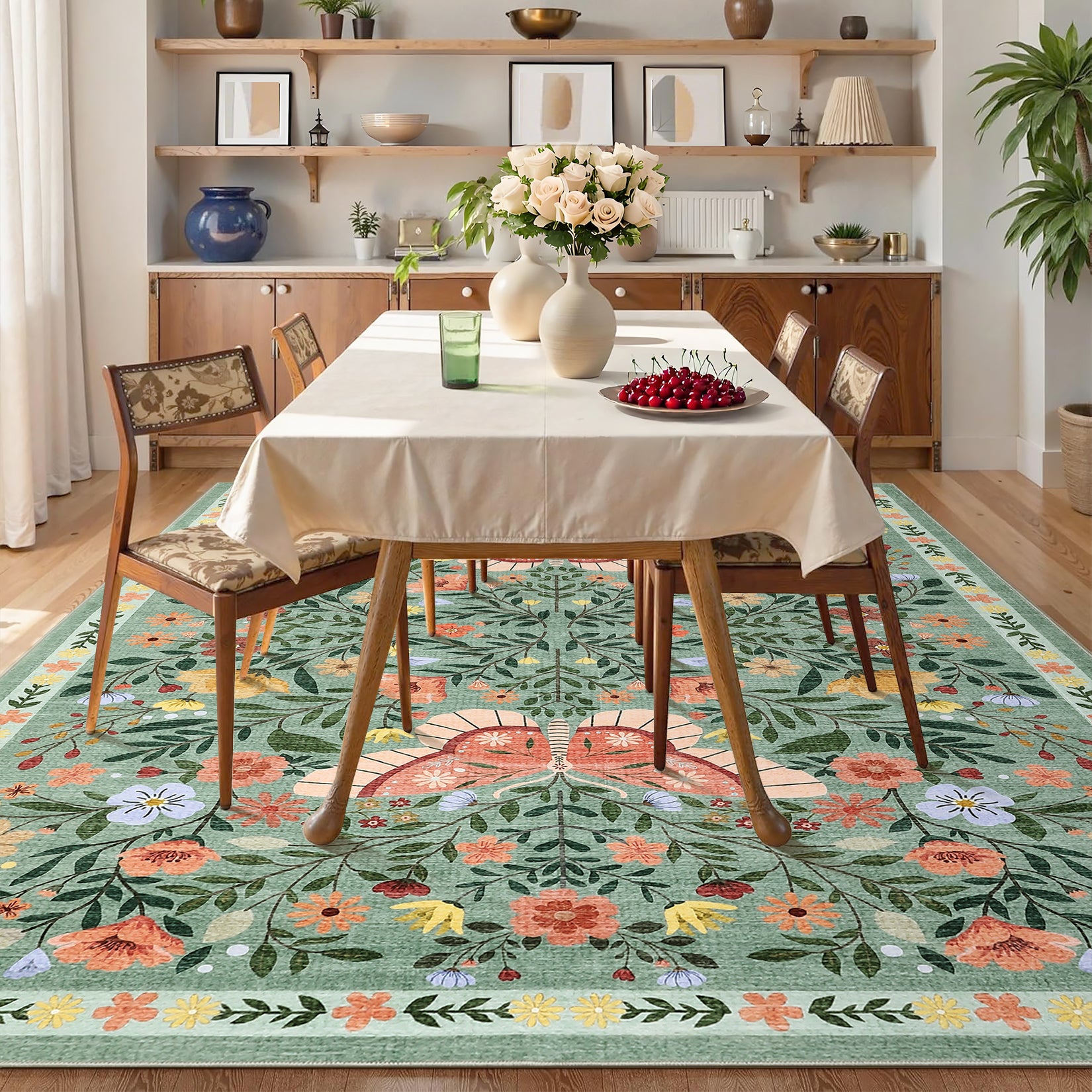 Garvee Farmhouse Area Rug for Living Room 4x6 Vintage Throw Carpet with Non-Slip Backing, Non-Shedding Butterfly Floral Indoor Rug, Machine Washable Floor Mats for Bedroom, Kitchen, Green