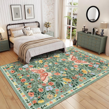 Garvee Large Rug for Bedroom 8x10 Farmhouse Floral Butterfly Living Room Carpet, Non-Slip Foldable Indoor Floor Mats, Machine Washable Low Pile Accent Rug for Dining Room, Kitchen, Office, Green