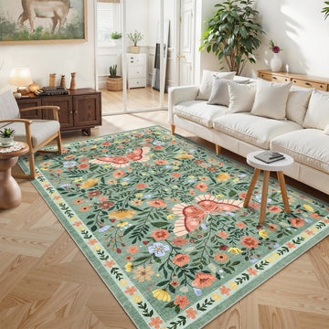 Garvee Washable Farmhouse Rug 5x7 Non-Slip Floral Butterfly Bedroom Carpet, Stain-Resistant Ultra-Soft Low Pile Floor Rug, Easy Cleaning Foldable Indoor Mat for Living Room, Kitchen, Office, Green