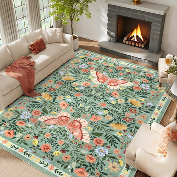 Garvee Large Rug for Bedroom 8x10 Farmhouse Floral Butterfly Living Room Carpet, Non-Slip Foldable Indoor Floor Mats, Machine Washable Low Pile Accent Rug for Dining Room, Kitchen, Office, Green
