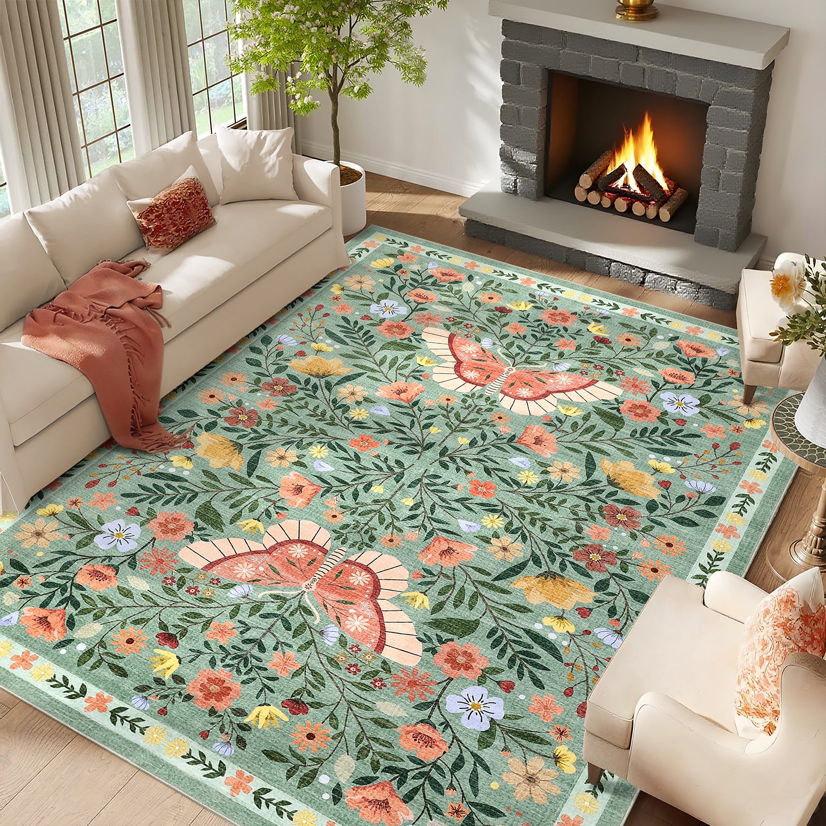 Garvee Farmhouse Area Rug for Living Room 4x6 Vintage Throw Carpet with Non-Slip Backing, Non-Shedding Butterfly Floral Indoor Rug, Machine Washable Floor Mats for Bedroom, Kitchen, Green