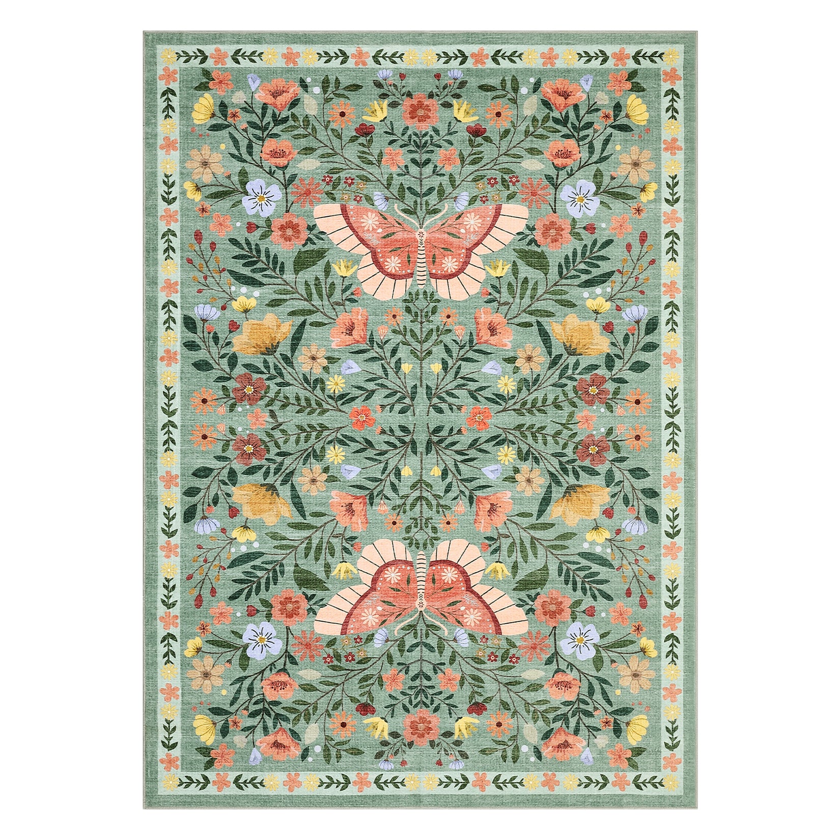 Garvee Farmhouse Area Rug for Living Room 4x6 Vintage Throw Carpet with Non-Slip Backing, Non-Shedding Butterfly Floral Indoor Rug, Machine Washable Floor Mats for Bedroom, Kitchen, Green