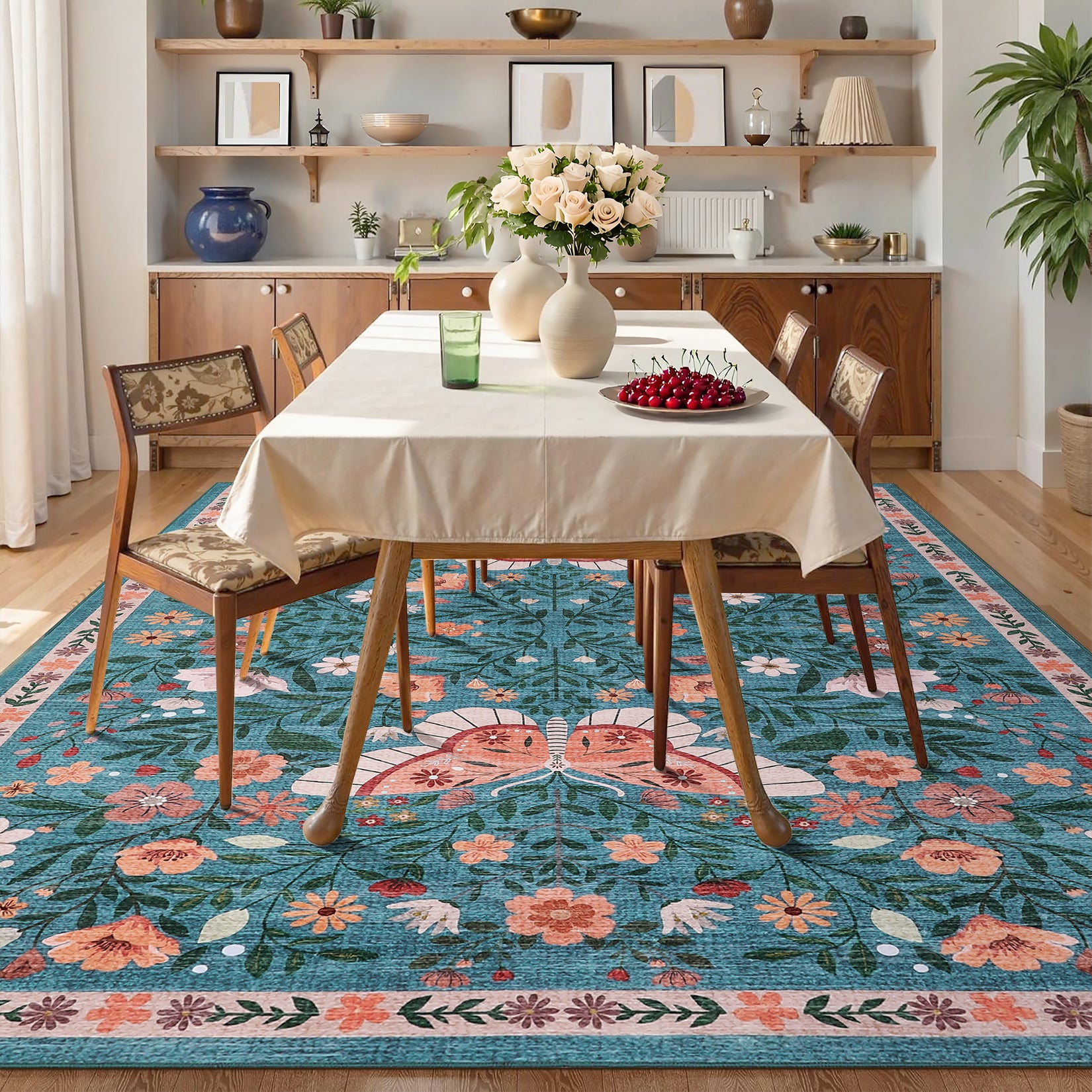 Garvee Farmhouse Dining Room Rug 9x12 Ultra-Soft Low Pile Floor Mats with Non-Slip Backing, Butterfly Floral Bedroom Carpet, Foldable Ultra-Thin Indoor Rug, Easy to Clean, for Living Room, Office, Blue