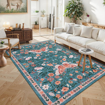 Garvee Washable Farmhouse Rug 5x7 Non-Slip Floral Butterfly Bedroom Carpet, Stain-Resistant Ultra-Soft Low Pile Floor Rug, Easy Cleaning Foldable Indoor Mat for Living Room, Kitchen, Office, Blue