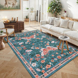 Garvee Farmhouse Area Rug for Living Room 4x6 Vintage Throw Carpet with Non-Slip Backing, Non-Shedding Butterfly Floral Indoor Rug, Machine Washable Floor Mats for Bedroom, Kitchen, Blue - Blue