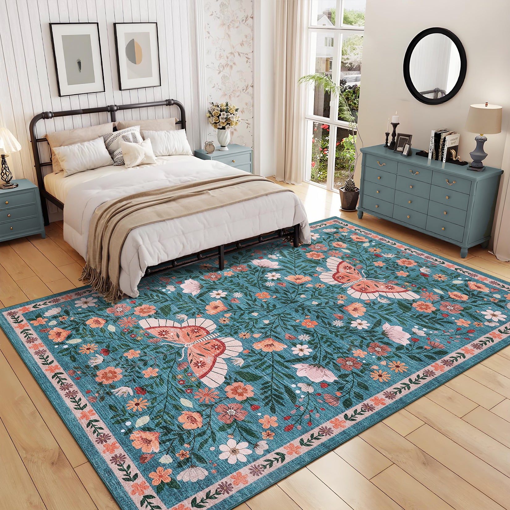 Garvee Farmhouse Dining Room Rug 9x12 Ultra-Soft Low Pile Floor Mats with Non-Slip Backing, Butterfly Floral Bedroom Carpet, Foldable Ultra-Thin Indoor Rug, Easy to Clean, for Living Room, Office, Blue