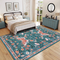 Garvee Farmhouse Dining Room Rug 9x12 Ultra-Soft Low Pile Floor Mats with Non-Slip Backing, Butterfly Floral Bedroom Carpet, Foldable Ultra-Thin Indoor Rug, Easy to Clean, for Living Room, Office, Blue