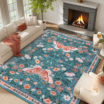 Garvee Washable Rug for Living Room 10x13 Large Farmhouse Butterfly Floral Indoor Rug, Non-Shedding Low Pile Dining Room Carpet, Vintage Soft Floor Mats for Bedroom, Kitchen, Office, Blue