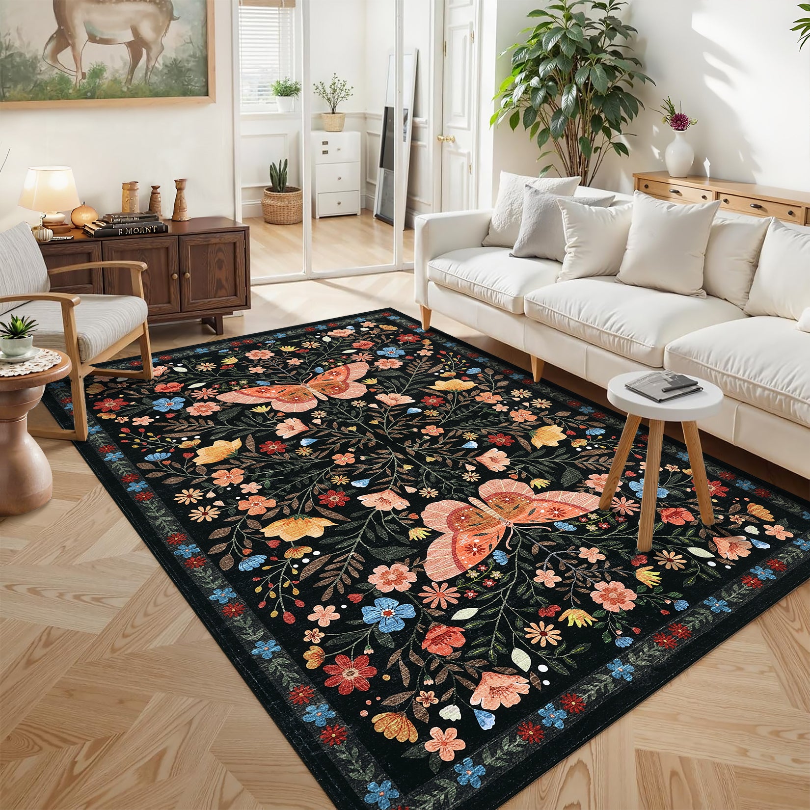 Garvee Washable Farmhouse Rug 5x7 Non-Slip Floral Butterfly Bedroom Carpet, Stain-Resistant Ultra-Soft Low Pile Floor Rug, Easy Cleaning Foldable Indoor Mat for Living Room, Kitchen, Office, Black
