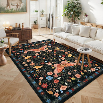 Garvee Washable Farmhouse Rug 5x7 Non-Slip Floral Butterfly Bedroom Carpet, Stain-Resistant Ultra-Soft Low Pile Floor Rug, Easy Cleaning Foldable Indoor Mat for Living Room, Kitchen, Office, Black