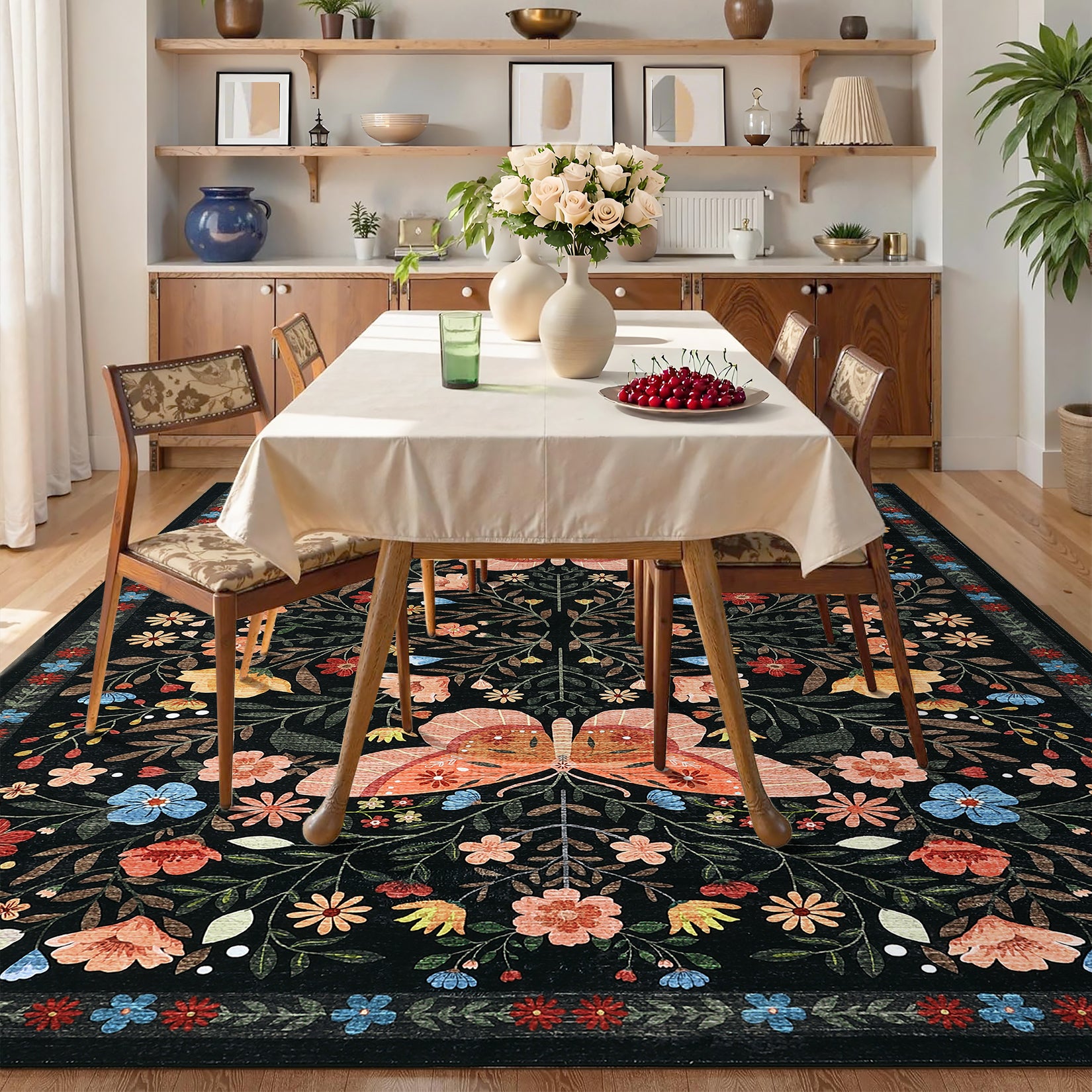 Garvee Farmhouse Dining Room Rug 9x12 Ultra-Soft Low Pile Floor Mats with Non-Slip Backing, Butterfly Floral Bedroom Carpet, Foldable Ultra-Thin Indoor Rug, Easy to Clean, for Living Room, Office, Black