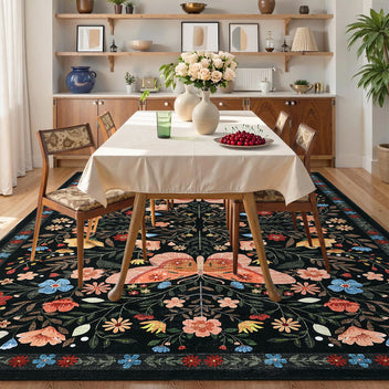 Garvee Washable Farmhouse Rug 5x7 Non-Slip Floral Butterfly Bedroom Carpet, Stain-Resistant Ultra-Soft Low Pile Floor Rug, Easy Cleaning Foldable Indoor Mat for Living Room, Kitchen, Office, Black