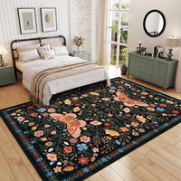 Garvee Farmhouse Dining Room Rug 9x12 Ultra-Soft Low Pile Floor Mats with Non-Slip Backing, Butterfly Floral Bedroom Carpet, Foldable Ultra-Thin Indoor Rug, Easy to Clean, for Living Room, Office, Black