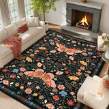 Garvee Washable Rug for Living Room 10x13 Large Farmhouse Butterfly Floral Indoor Rug, Non-Shedding Low Pile Dining Room Carpet, Vintage Soft Floor Mats for Bedroom, Kitchen, Office, Black - Black