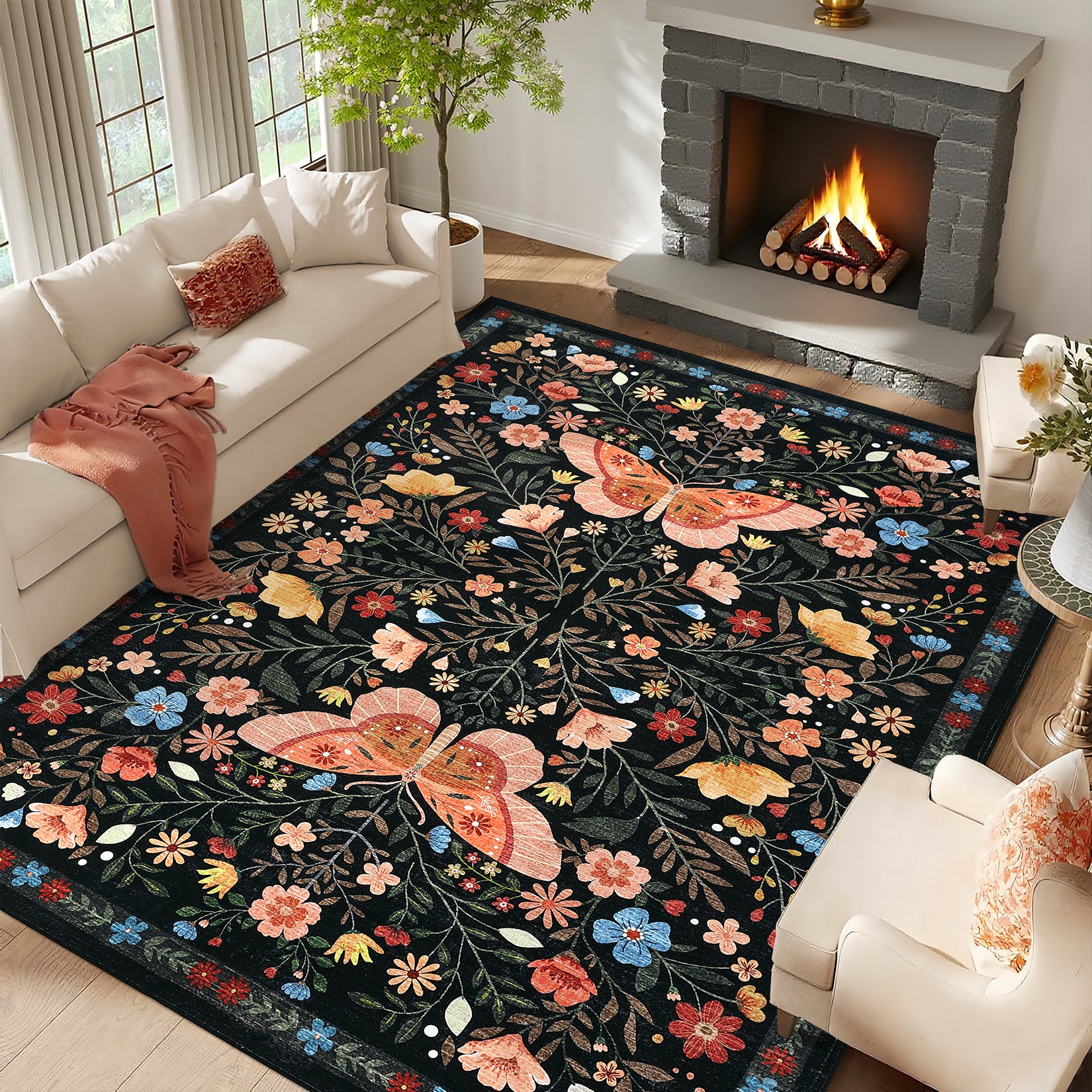 Garvee Washable Farmhouse Rug 5x7 Non-Slip Floral Butterfly Bedroom Carpet, Stain-Resistant Ultra-Soft Low Pile Floor Rug, Easy Cleaning Foldable Indoor Mat for Living Room, Kitchen, Office, Black