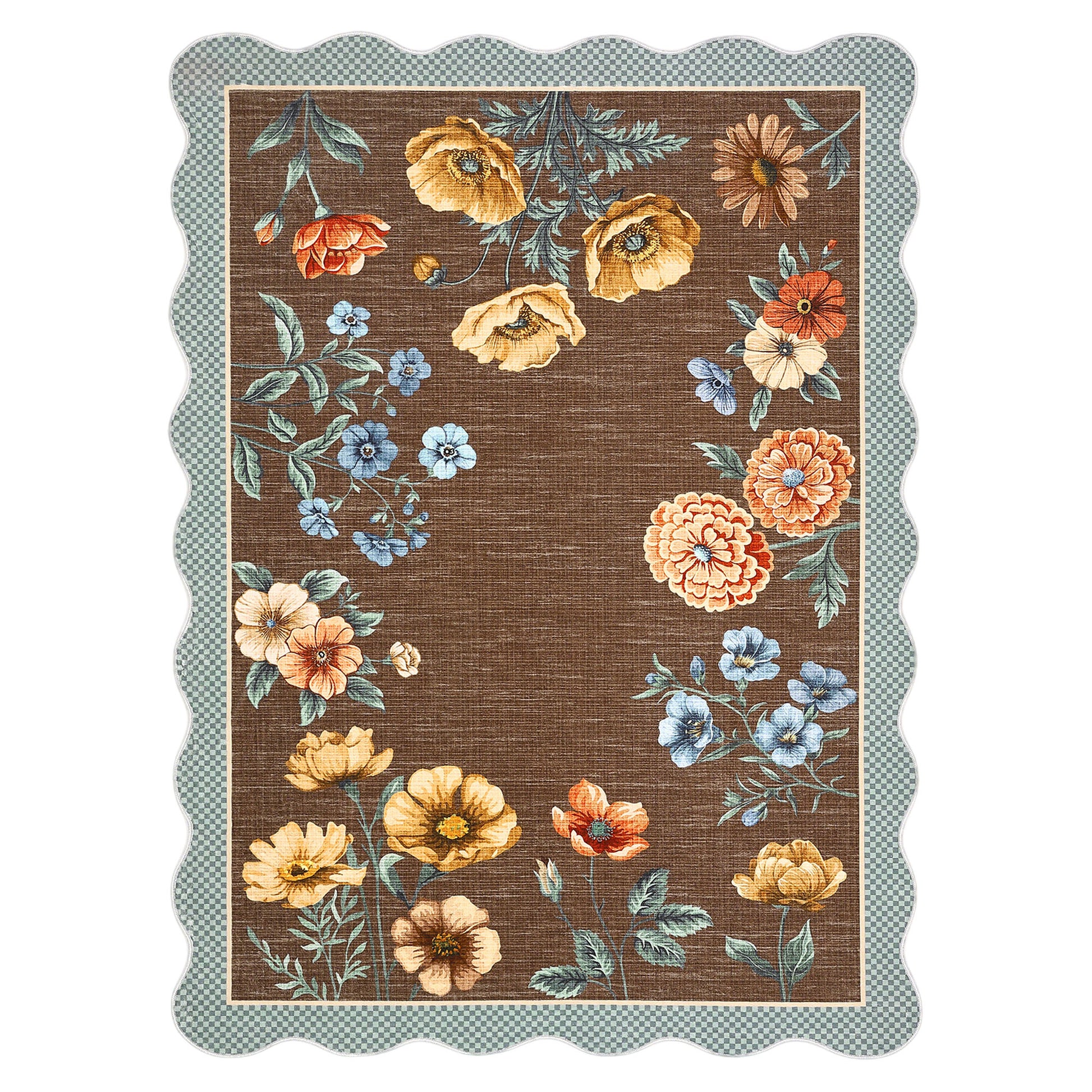 Garvee Floral Scalloped Rug 5x7 Botanical Print Soft Non-Slip Ultra Thin Stain Resistant Brown Living Room Dining Office